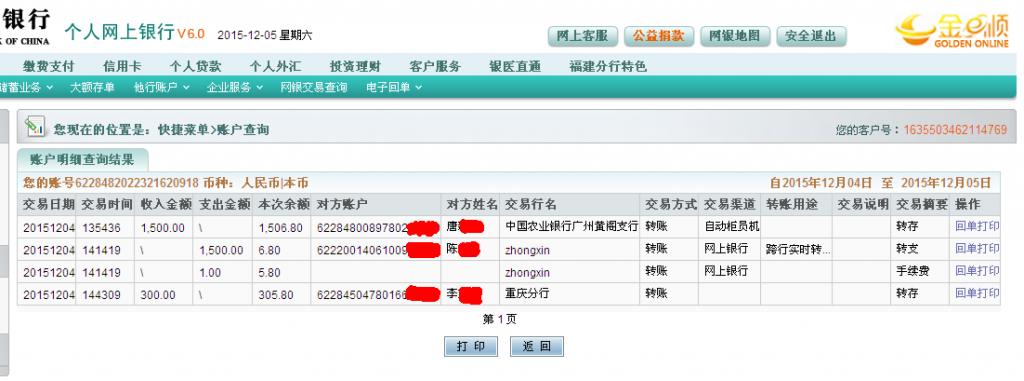 12月4日重慶客戶匯款300元至農行卡